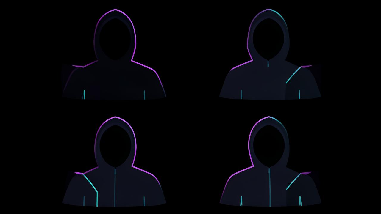 Four frames of the same hooded faceless character with identical wardrobe and lighting, showing character consistency