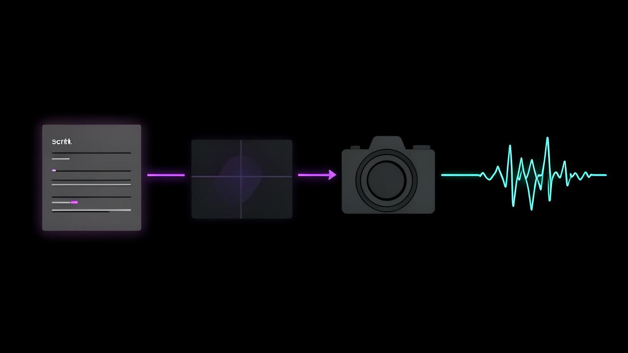 Four-stage faceless video workflow: script page, AI keyframe, camera motion, then voiceover waveform