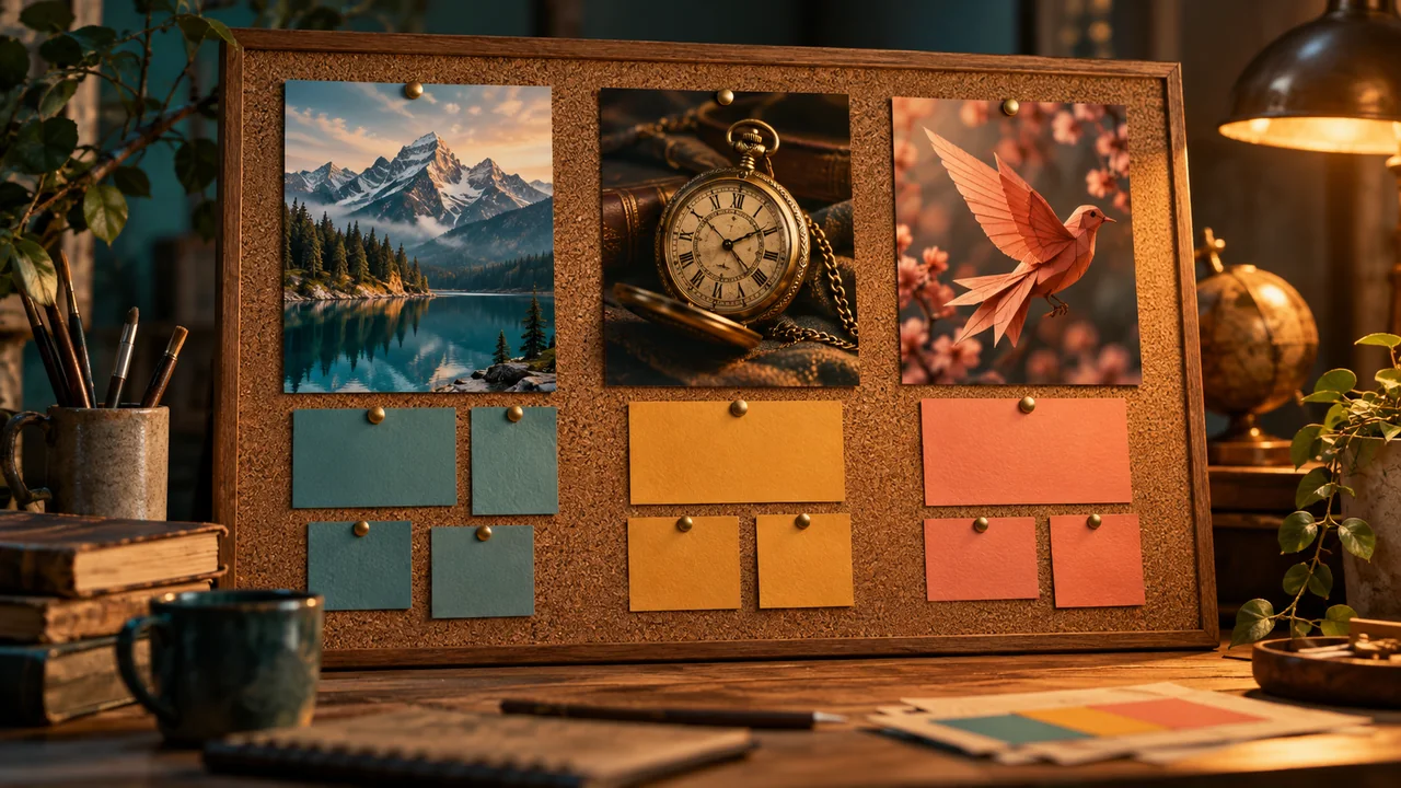 Three distinct groups of creative topic cards arranged on a planning board