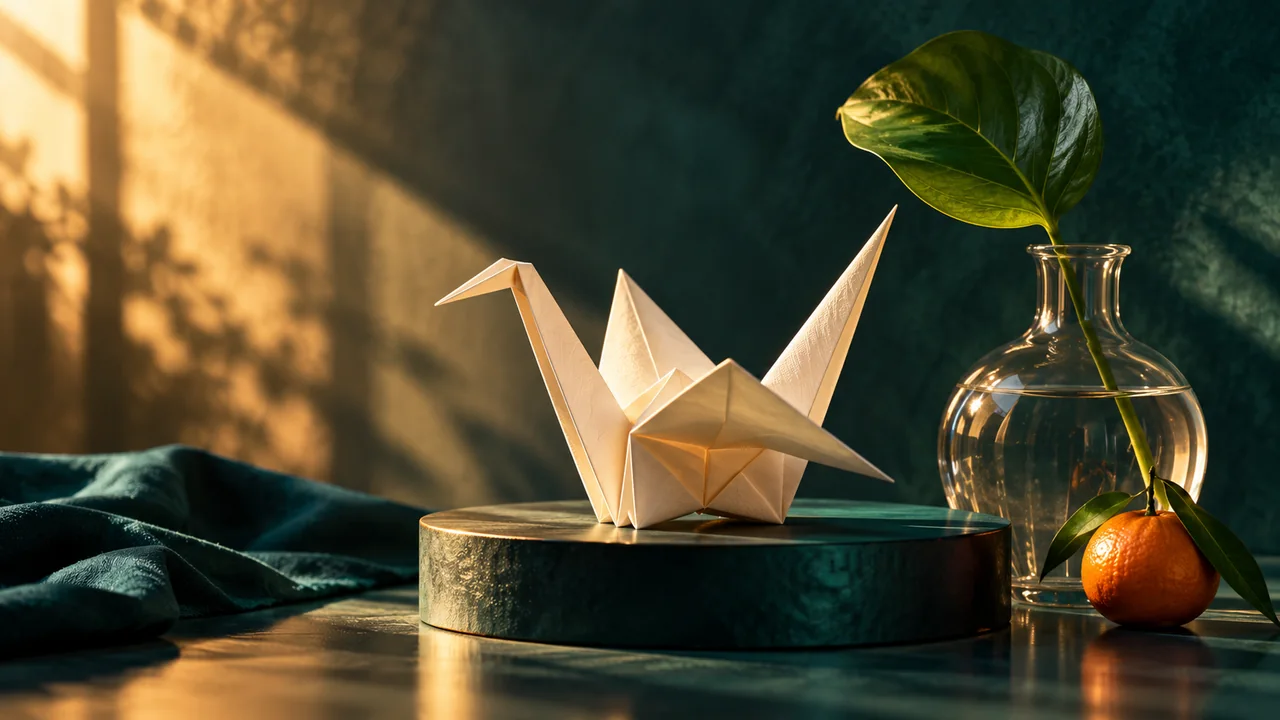 A carefully composed image of a paper crane, glass vase, and orange fruit in warm studio light
