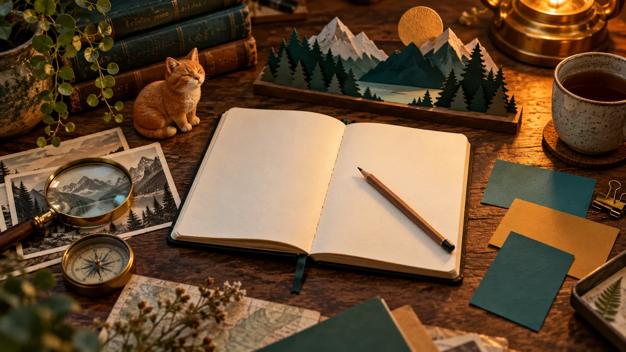 Creative planning desk with a notebook and miniature story concepts for choosing a channel niche