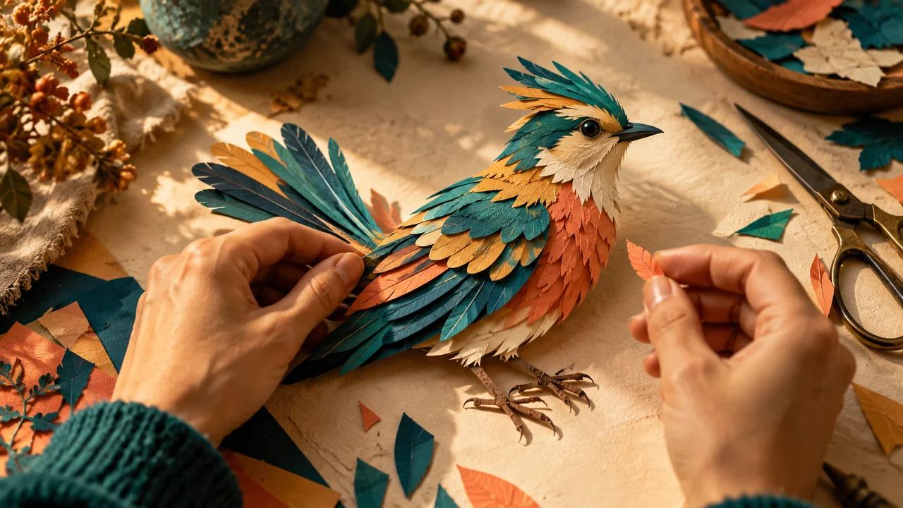 An artist crafting a distinctive paper bird from colorful layered paper
