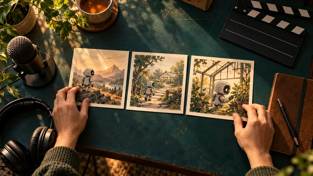 Hands arranging storyboard cards beside headphones, a microphone, and editing tools
