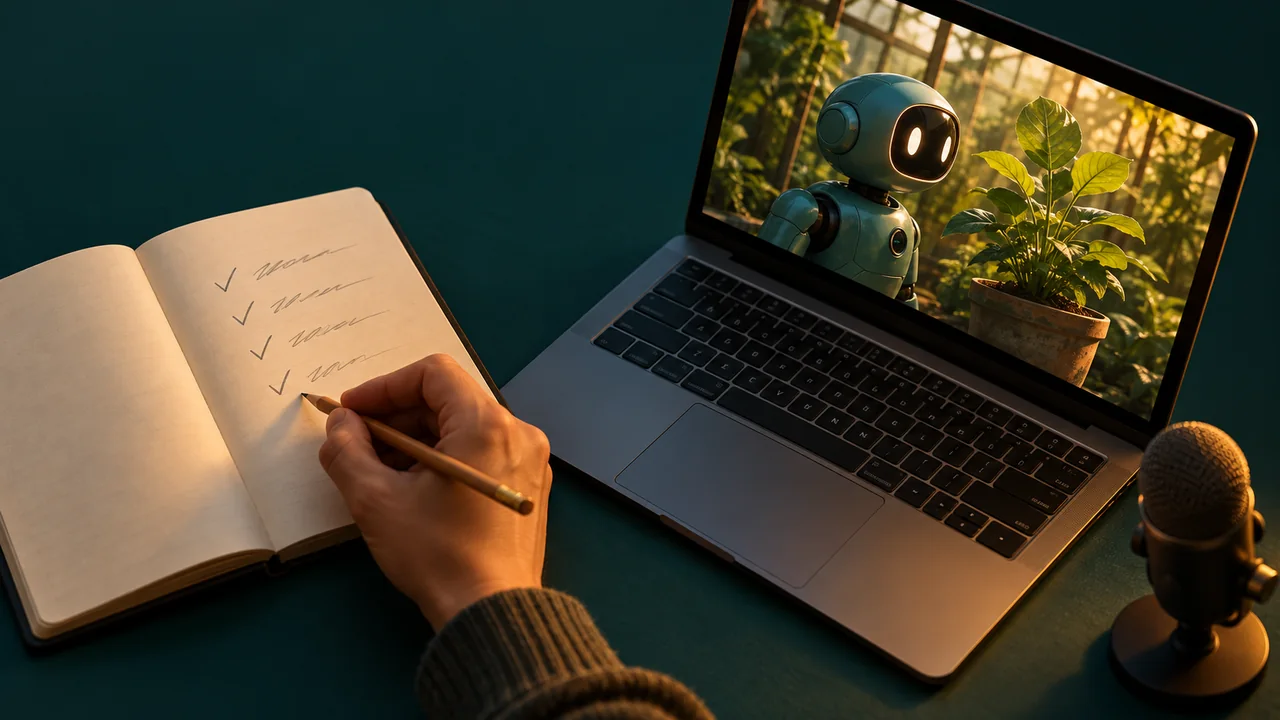 A creator reviewing a fictional robot video and production notes before publishing