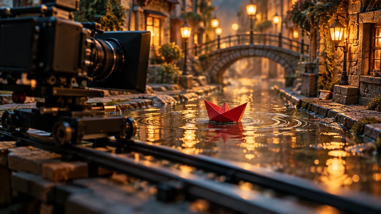 A cinema camera framing a paper boat on a miniature rain-soaked street set