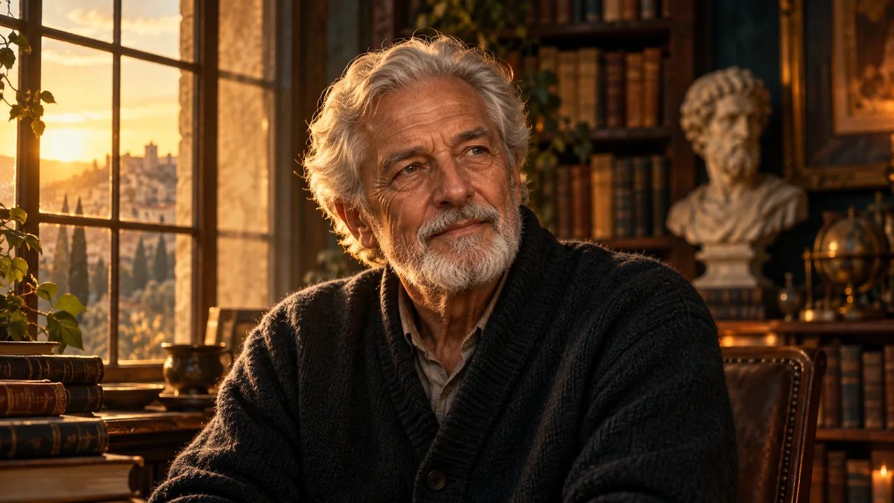 Thoughtful elderly storyteller seated in a warmly lit library