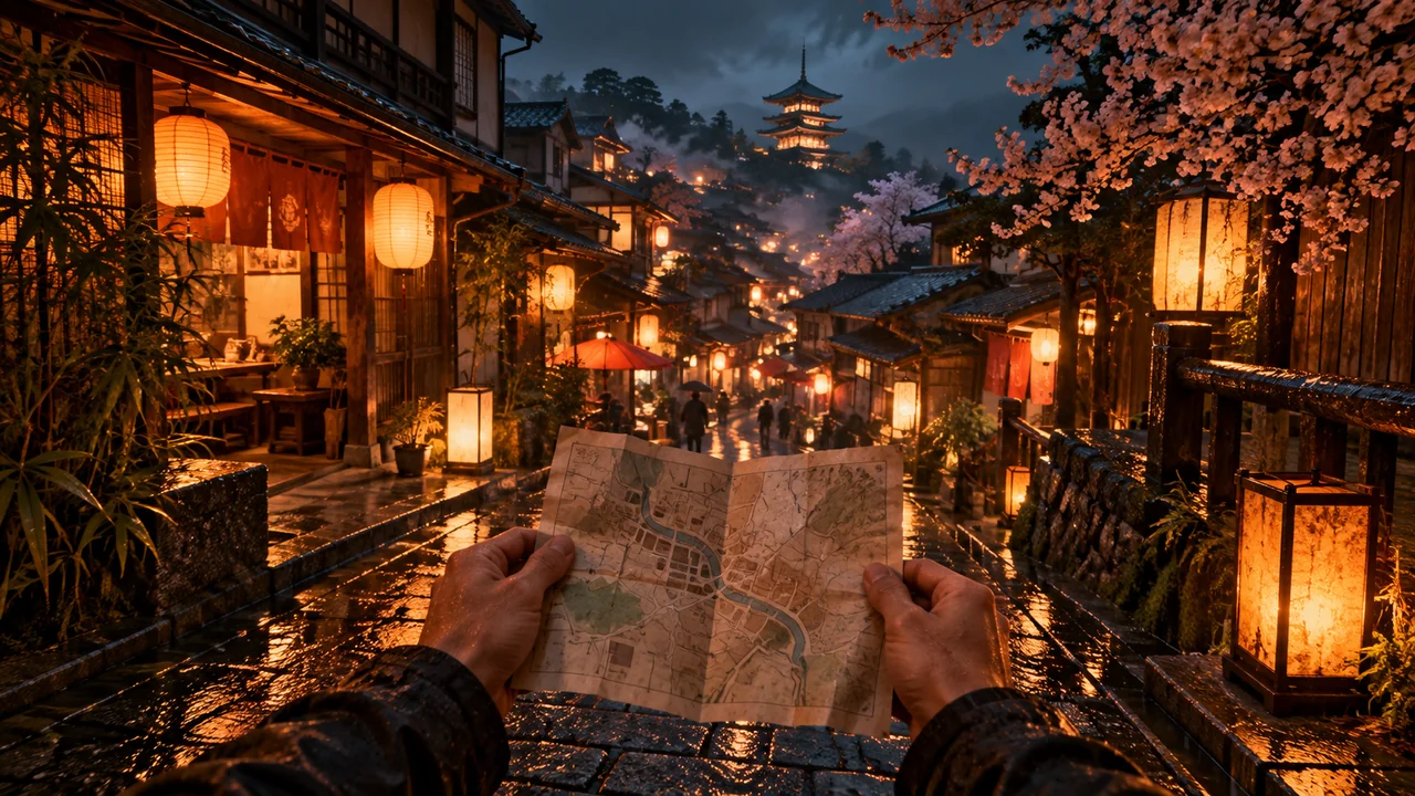 First-person view of hands holding a map in a lantern-lit street after rain