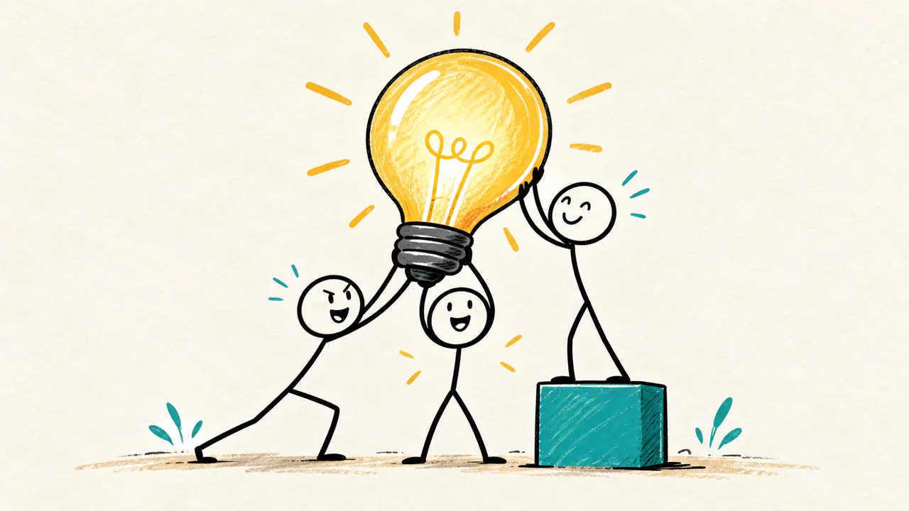 Three playful stick figures working together to hold up a golden lightbulb