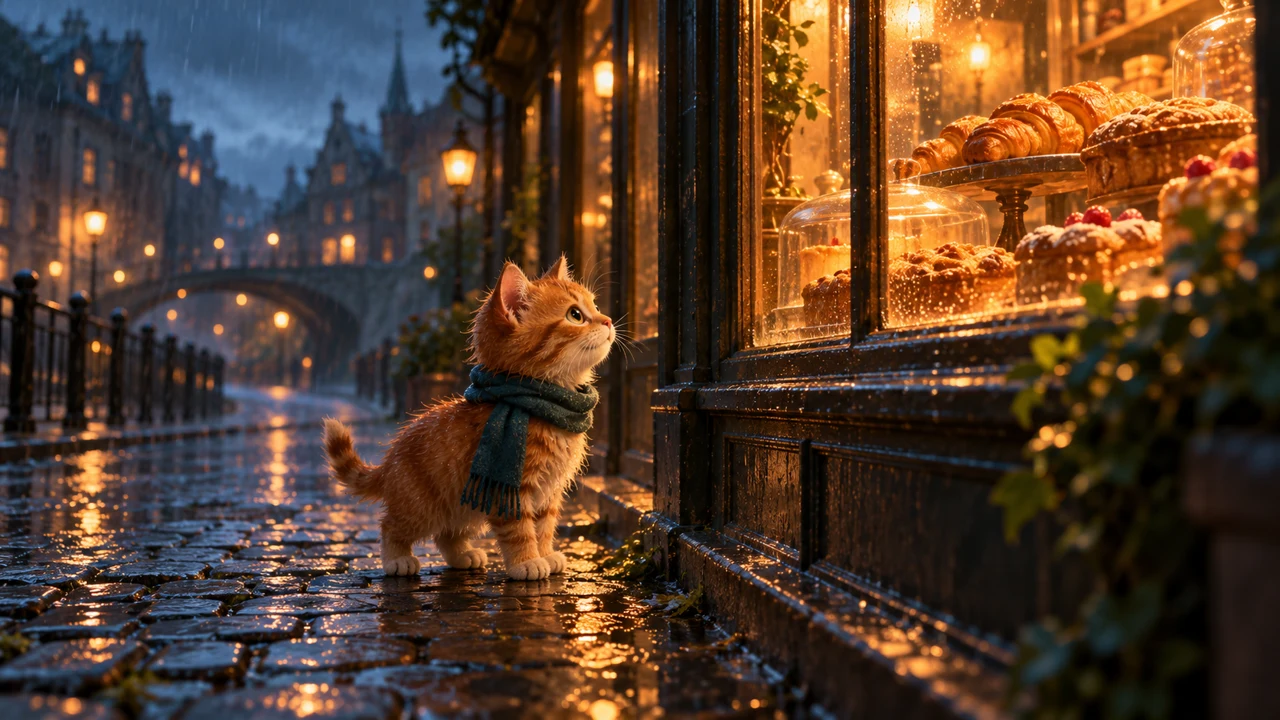 An illustrated orange kitten in a teal scarf looks into a warm bakery on a rainy evening